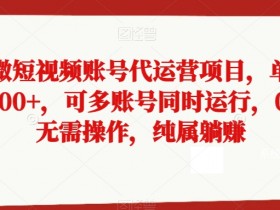 抖快微短视频账号代运营项目，单号月入2000+，可多账号同时运行，0成本无需操作，纯属躺赚【揭秘】