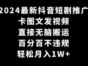 2024最新抖音短剧推广，卡图文发视频，直接无脑搬，百分百不违规，轻松月入1W+【揭秘】