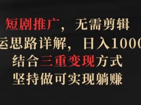 短剧推广，无需剪辑，搬运思路详解，日入1000+，结合三重变现方式，坚持做可实现躺赚【揭秘】