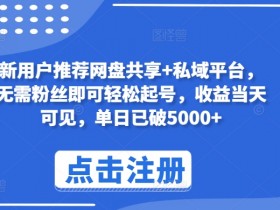 新用户推荐网盘共享+私域平台，无需粉丝即可轻松起号，收益当天可见，单日已破5000+【揭秘】