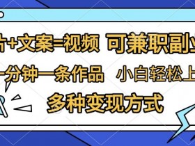 图片+文案=视频，精准暴力引流，可兼职副业，一分钟一条作品，小白轻松上手，多种变现方式