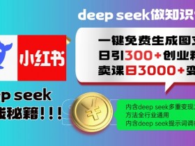 Deepseek一键免费生成小红书图文日引300+创业粉，日变现多张教程，方法全行业通用！