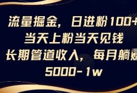 流量掘金，日进粉100+，当天上粉当天见钱，长期管道收入，每月躺挣5k