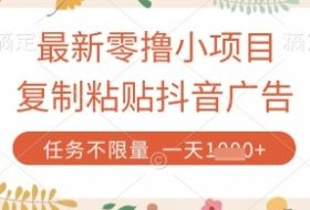 最新零撸小项目，复制粘贴抖音广告即可挣钱，平台大水，任务不限量，一天数张【揭秘】