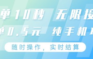 纯手机操作项目，每单耗时10秒，无限接单，单笔收益0.5元，支持24小时随时操做