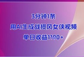 3分钟1条，用AI生成战损风女侠视频，单日收益1k+