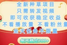 全新种草项目只需转发视频，即可收获稳定收益，不看播放量不看粉丝量，全天任务不限量，每天稳定3张【揭秘】