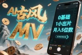 AI一键生成古风音乐MV，0剪辑基础1小时出片，多种变现渠道，一部手机月入5位数