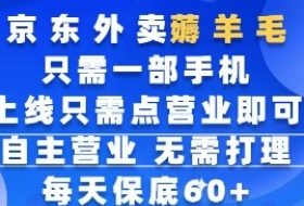 京东外卖薅羊毛，只需一部手机随时随地皆可操作，每天上线只需动动手指点营业即可，每天60+【揭秘】