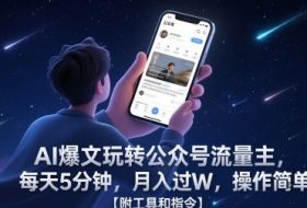 AI爆文玩转公众号流量主，每天5分钟，月入过W，操作简单！【附工具和指令】
