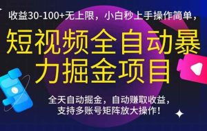 （15035期）短视频全自动暴力掘金项目，收益30-100+无上限，小白秒上手，操作简单，..