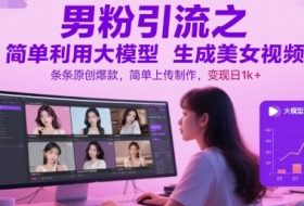 男粉引流之简单利用大模型生成美女视频，条条原创爆款，简单上传制作，变现日1k+