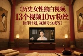 历史女性独白视频，13个视频10w粉丝，伙伴计划，视频号分成等