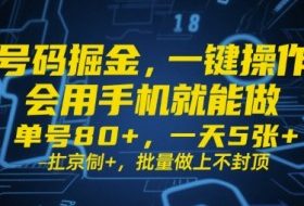 号码掘金，一键操作，会用手机就能做，单号80+，一天5张+，批量做上不封顶【揭秘】