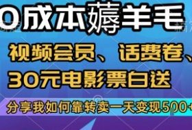 0成本薅羊毛!视频会员、话费卷、30元电影票白送，分享我如何靠转卖一天变现5张+【揭秘】