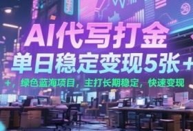 AI代写打金，单日稳定变现5张+，绿色蓝海项目，主打长期稳定，快速变现【揭秘】