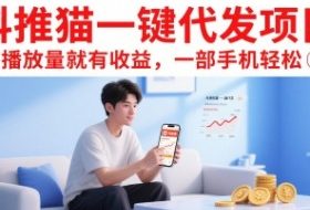 抖推猫一键代发项目，有播放量就有收益，一部手机轻松5张