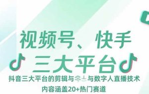 （15449期）视频号、快手、抖音三大平台的剪辑与数字人直播技术，内容涵盖20+热门赛道