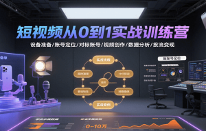 短视频从0到1实战训练营：设备准备/账号定位/对标账号/视频创作/数据分析/投流变现