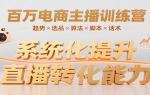 百万电商主播训练营，涵盖趋势/选品/算法/脚本/话术，提升转化能力
