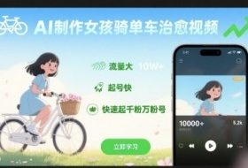 AI制作女孩骑单车治愈视频，流量大，起号快，快速起千粉万粉号