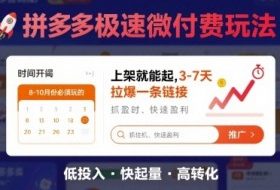 8月26号拼多多极速微付费玩法，8-10月份必须玩的，上架就能起，3-7天拉爆一条链接