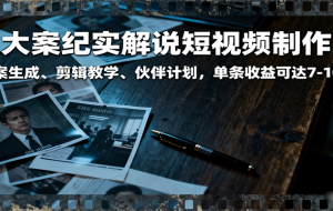 大案纪实解说短视频制作，文案生成、剪辑教学、伙伴计划，单条收益可达7-10元