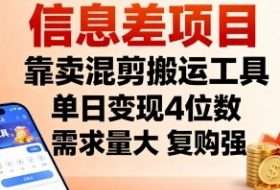 信息差项目，靠卖混剪搬运工具，单日变现4位数，需求量大，复购强，操作简单，几分钟一条视频
