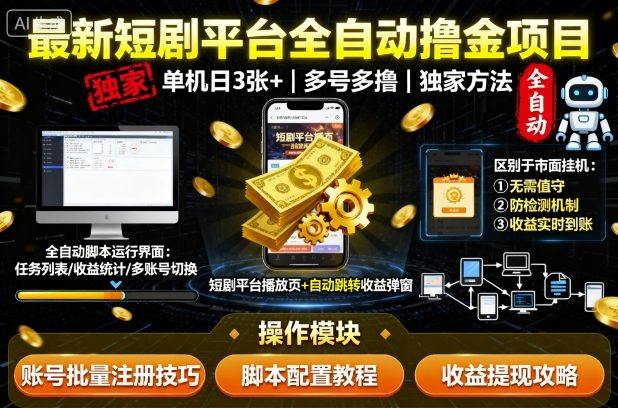 最新短剧平台全自动挂G撸金项目,单机一天3张+,多号多撸,区别于市面所有自动运行项目,独家方法【揭秘】