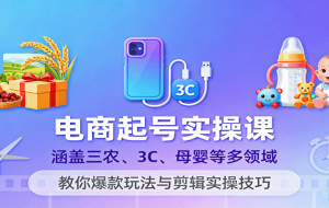电商起号实操课，涵盖三农、3C、母婴等多领域，教你爆款玩法与剪辑实操技巧