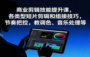 商业剪辑技能提升课，各类型短片剪辑和组接技巧，节奏把控，教调色、音乐处理等