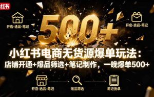 （16256期）小红书电商无货源爆单玩法：店铺开通+爆品筛选+笔记制作，一晚爆单500+