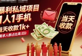 暴利私域项目1人1手机，当天收款1k+，需求人群占比高，当天就能见到钱