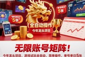 无限账号矩阵！今年龙头项目，游戏试玩全自动，简单操作，单号单日5张【揭秘】