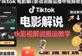 Tiktok电影解说搬运撸中视频收益，tk影视解说搬运教学