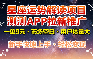 星座运势解读项目，测测APP拉新推广，9元/单，市场空白，用户体量大，新手也能快速…