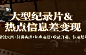大型纪录片&热点信息差变现：原创文案+剪辑实操+热点选题+收益开通，快速起号