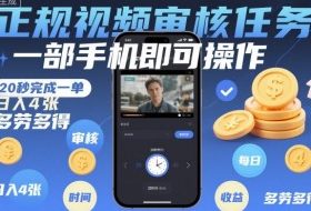 正规视频审核任务，一部手机即可操作，20秒完成一单，日入4张，多劳多得【揭秘】
