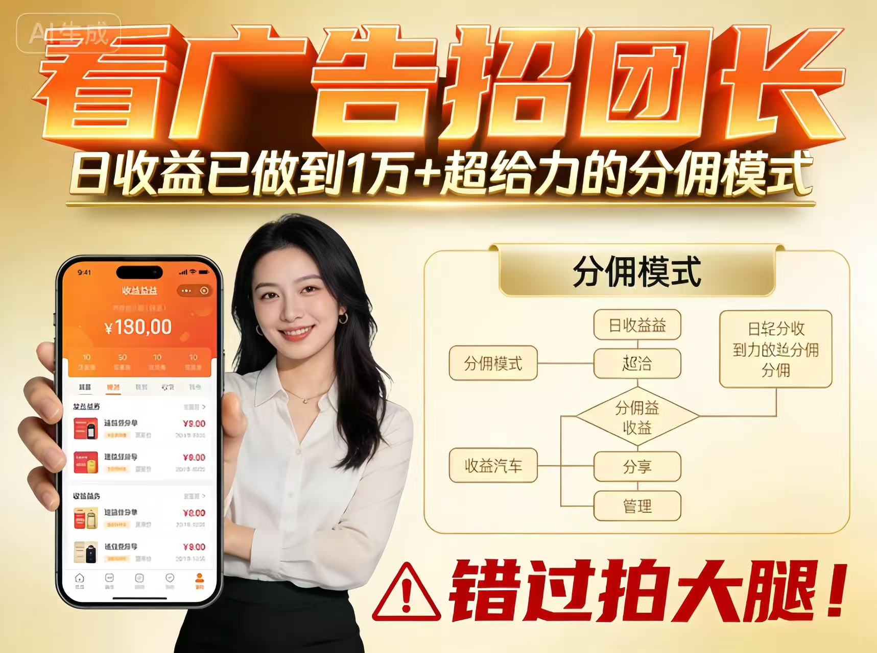 看广告招团长,团队收益已做到日入1万,分佣模式超给力,错过拍大腿 看广告招团长,团队收益已做到日入1万,分佣模式超给力,错过拍大腿