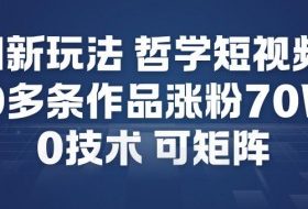 AI新玩法哲学短视频制作教学，20多条作品涨粉70W，0成本赛道，可矩阵