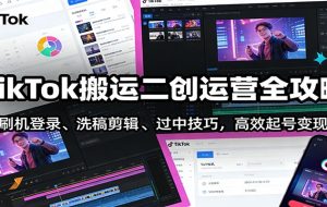 TikTok搬运二创运营全攻略：刷机登录、洗稿剪辑 、过中技巧，高效起号变现