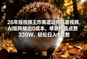 26年短视频王炸赛道动物科普视频，AI矩阵输出0成本，单条作品点赞330W，轻松日入4位数