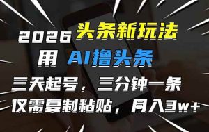（17351期）2026最新头条玩法，用AI撸头条，3天必起号，3分钟1条，只需要复制粘贴，简单月入3W+