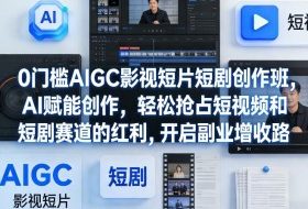 0门槛AIGC影视短片短剧创作班，AI赋能创作，轻松抢占短视频和短剧赛道的红利，开启副业增收路
