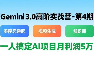 （17426期）Gemini 3.0高阶实战营-第4期，多模态通吃+视频生成+知识库，一人搞定AI项目月利润5万