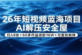 26年短视频蓝海项目，AI解压安全屋，日入8张+60多作品涨粉16W+可复制矩阵