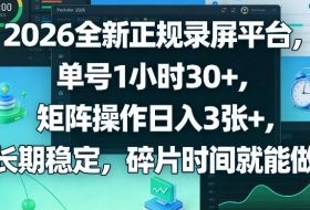 2026全新正规录屏平台，单号1小时30+，矩阵操作日入3张+，长期稳定，碎片时间就能做【揭秘】