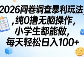 2026问卷调查暴利玩法，纯0撸无脑操作，小学生都能做，每天轻松日入100+【揭秘】