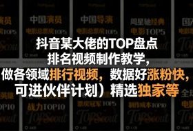 抖音某大佬的TOP盘点排名视频制作，做各领域排行视频，数据好涨粉快，可进伙伴计划＋精选独家等