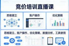 竞价培训直播课,覆盖思维建立、账户操作、优化策略、数据分析、工具使用等,全方位提升效果
